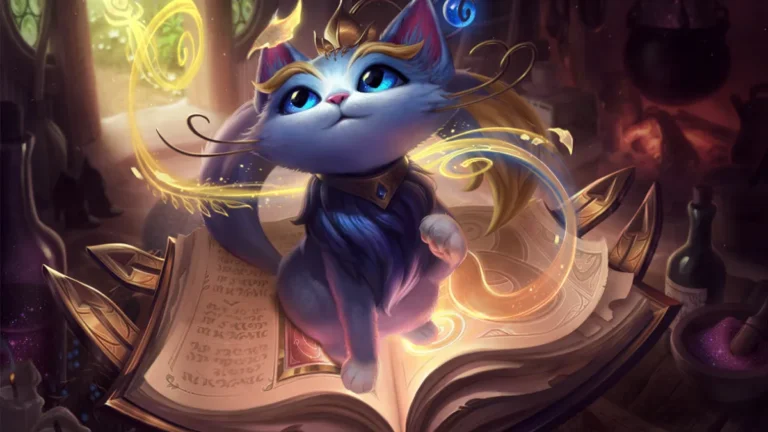 Yuumi, a blue-eyed magical cat, floating over an open book surrounded by golden swirls