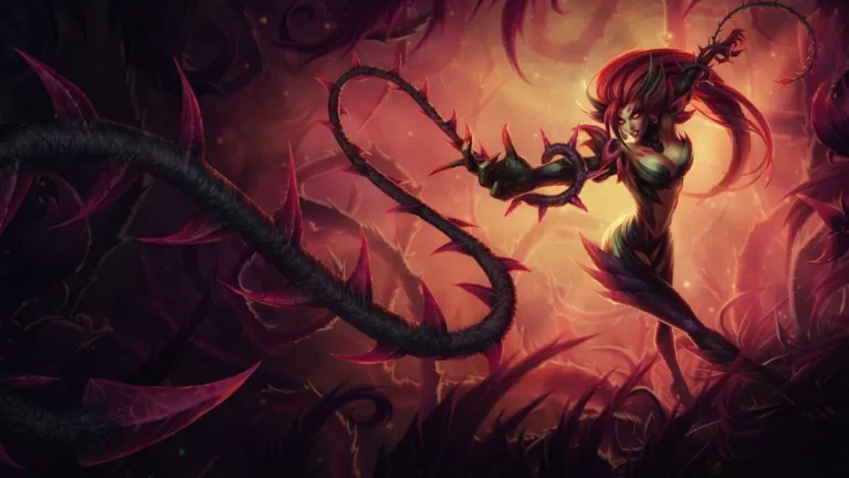 Red-haired Zyra reaches across a sunlit forest scene surrounded by thick vines covered in crimson thorns.