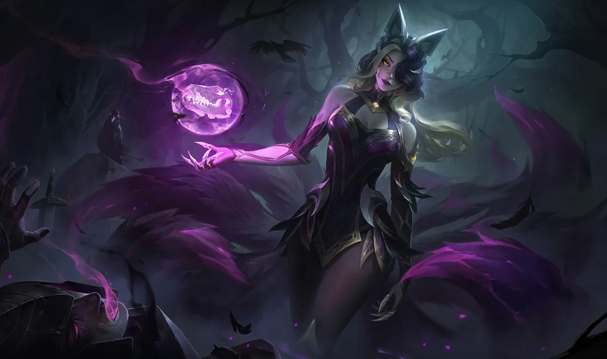Coven Ahri holding a purple orb in a moonlit landscape