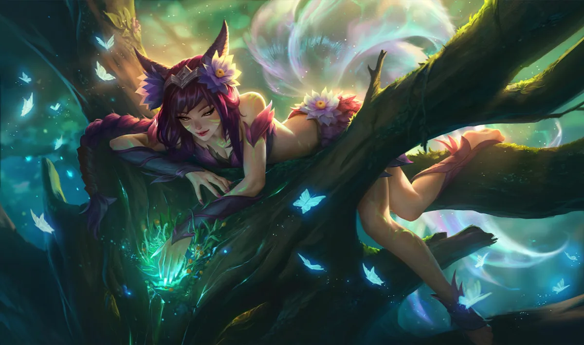 Elderwood Ahri reclining on a tree branch among teal butterflies and spirit masks