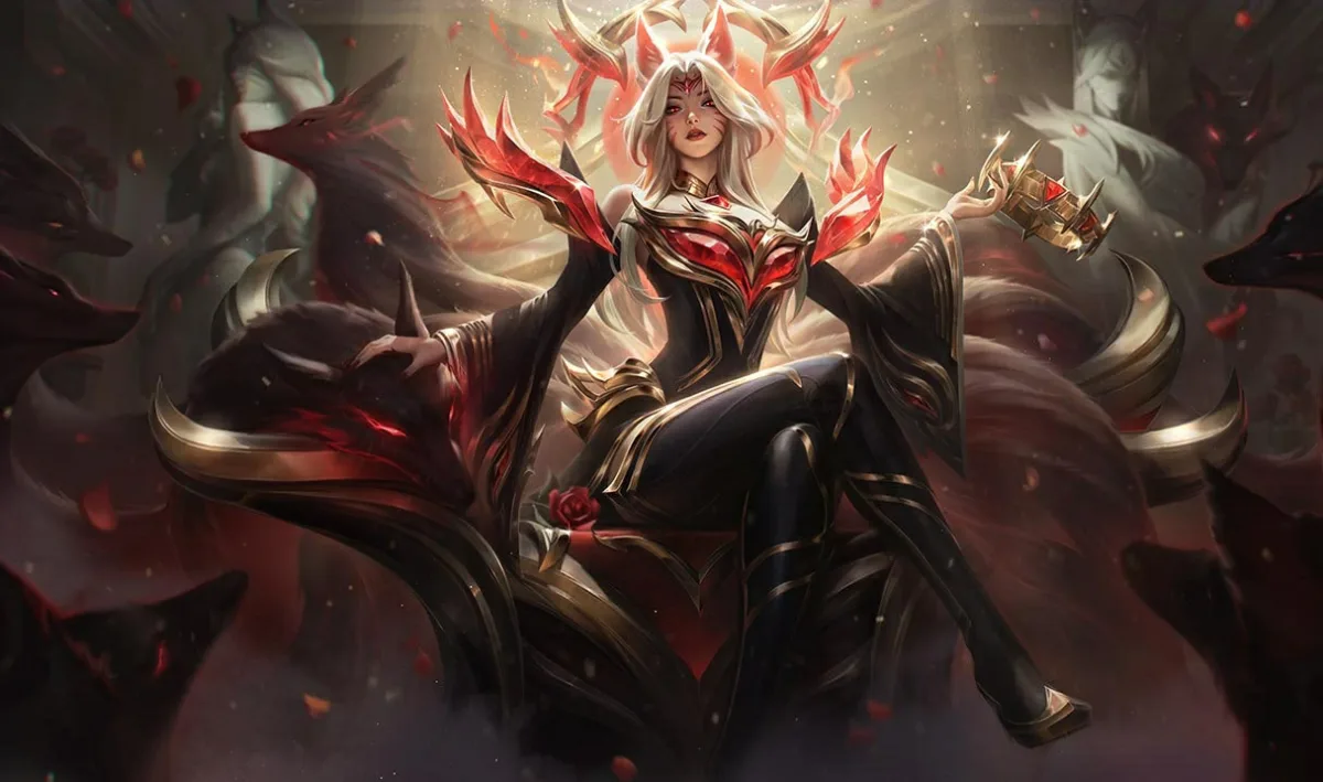 Immortalized Legend Ahri seated in black, gold, and red armor before a radiant crown