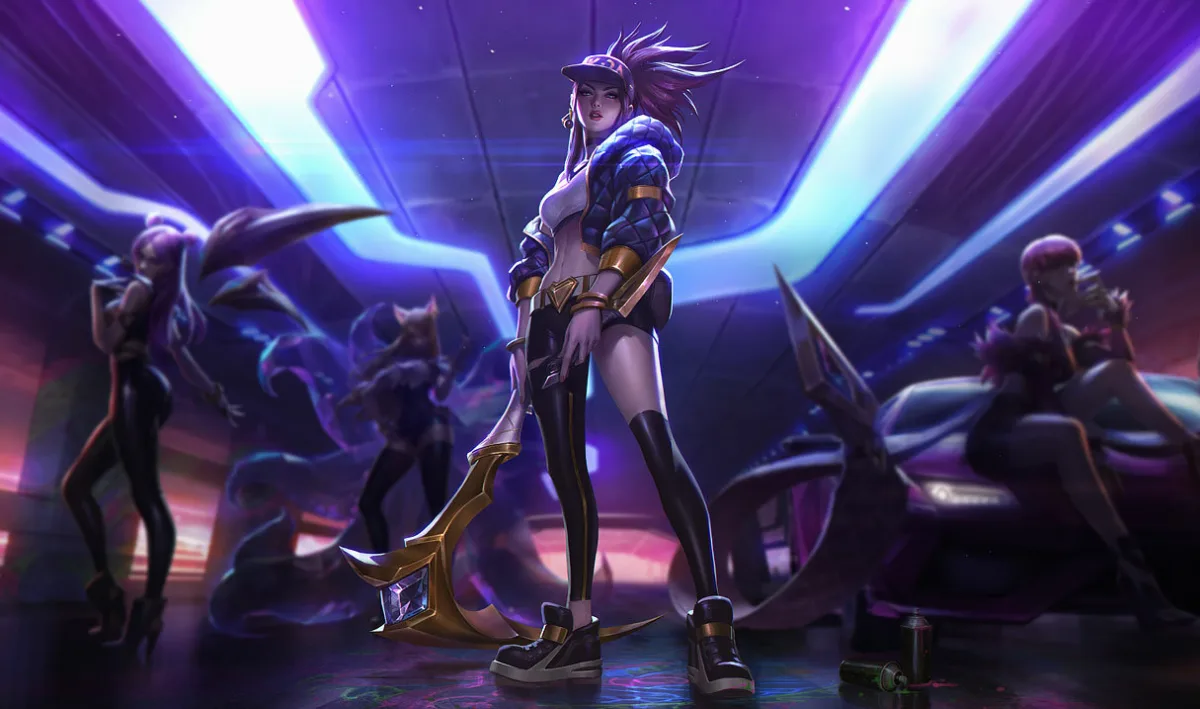KDA Akali posing in a neon subway tunnel with gold kama