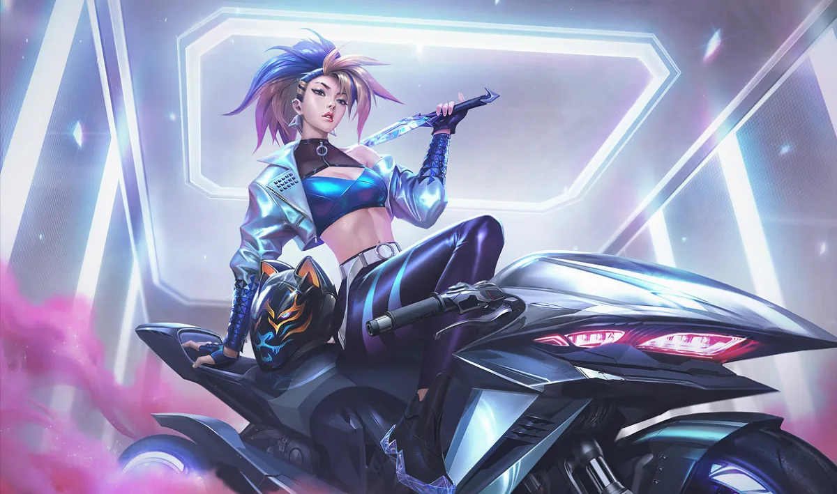 KDA ALL OUT Akali sitting on a motorcycle in a silver stage outfit