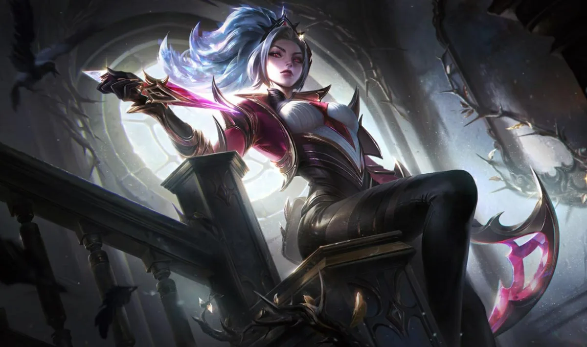 Prestige Coven Akali seated in black and rose fashion beneath a white moon