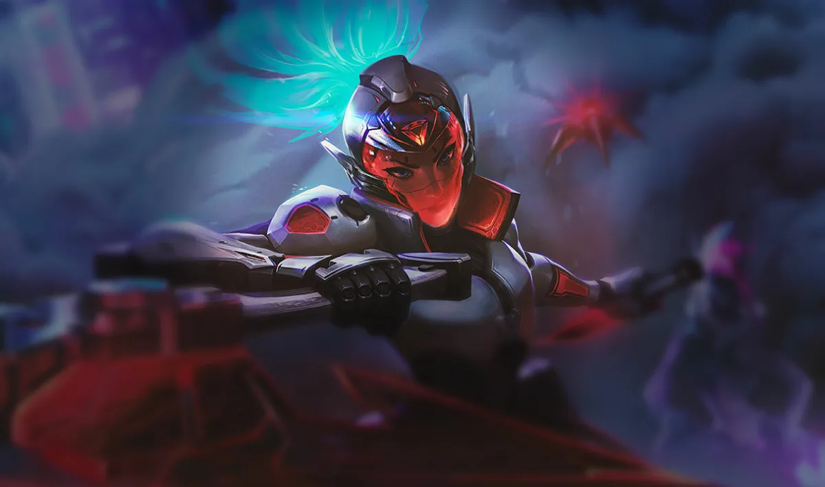 PROJECT Akali crouching on a red motorcycle in a neon city