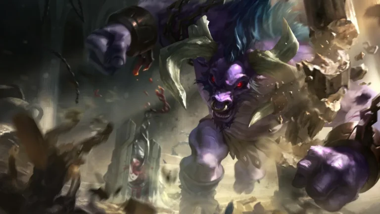 Alistar charges through a broken stone wall with purple fur, long pale horns and shattered chains around his wrists.