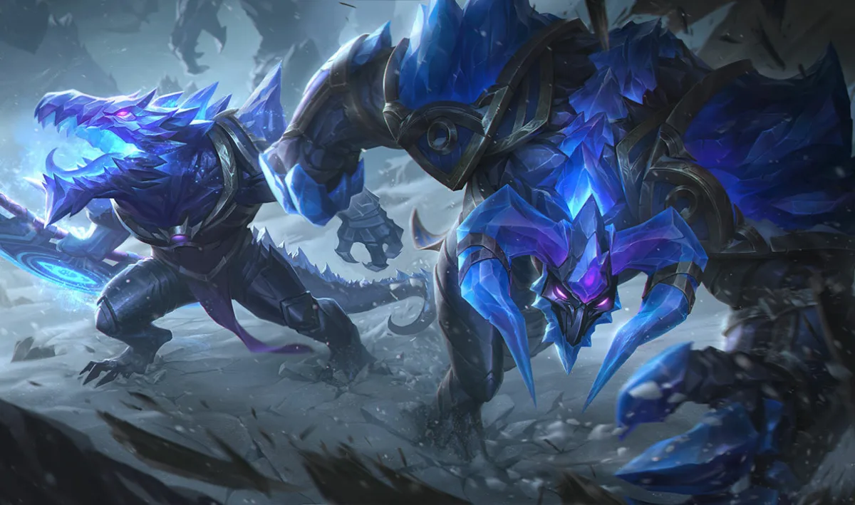 Blackfrost Alistar occupies the center-right in angular blue ice and dark armor, with an icy Renekton on the left.