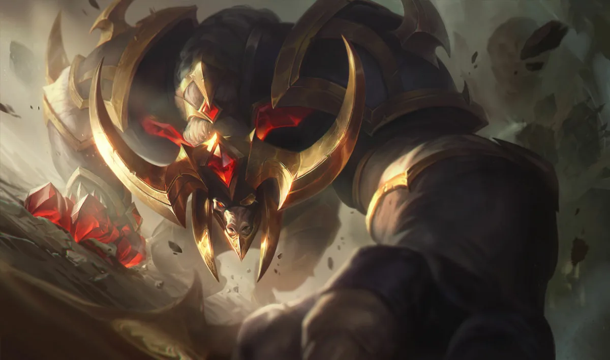Conqueror Alistar wears dark plate armor with gold trim and a horned gold helmet, with red crystal accents around his fists.
