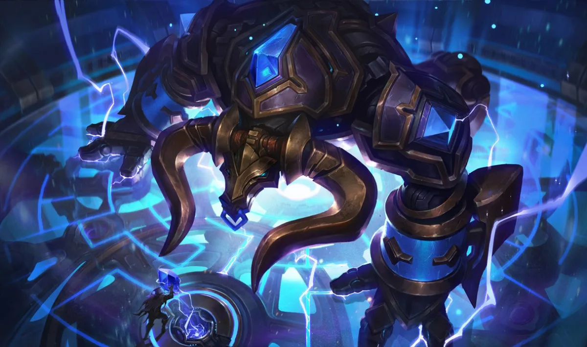 Hextech Alistar is a bronze and dark-purple mechanical bull with curved metal horns and blue crystals in his shoulders and wrists.