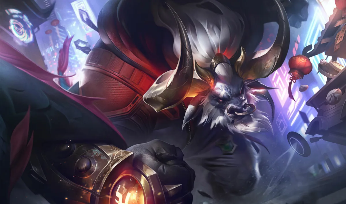 Lunar Beast Alistar has a thick white mane and beard, a red padded jacket and golden wrist guards in a lantern-lit street.