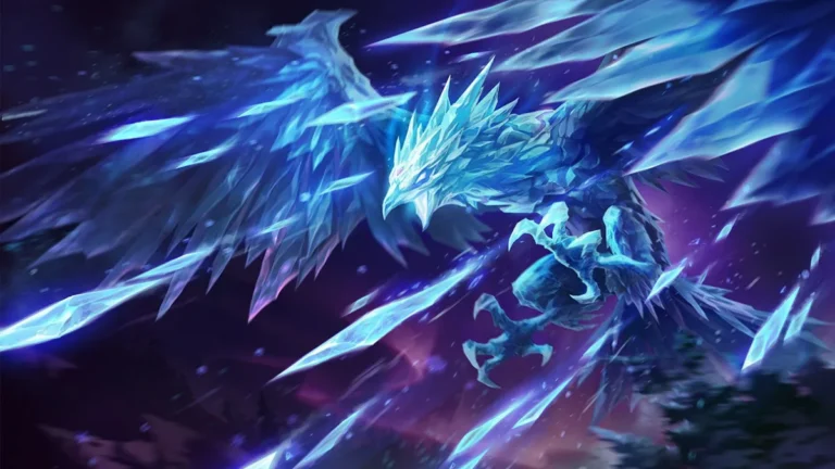 Base Anivia flying through long blue ice shards against a violet sky