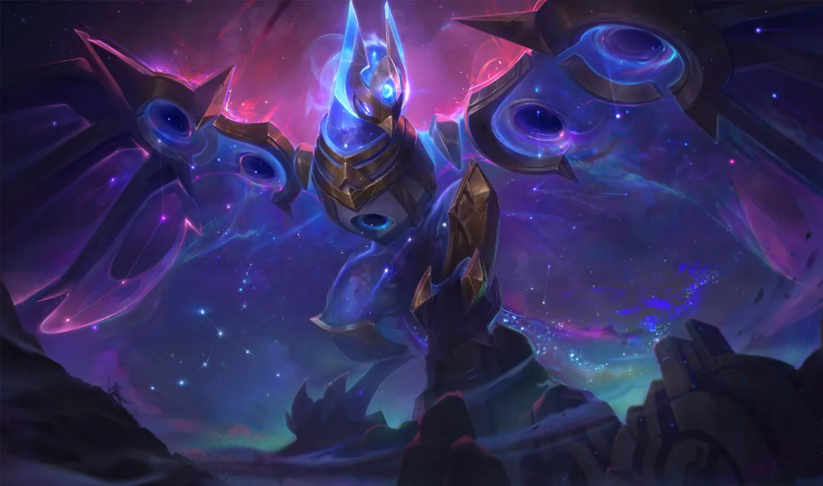 Cosmic Flight Anivia displaying blue starry wings with gold armor and circular constellation patterns