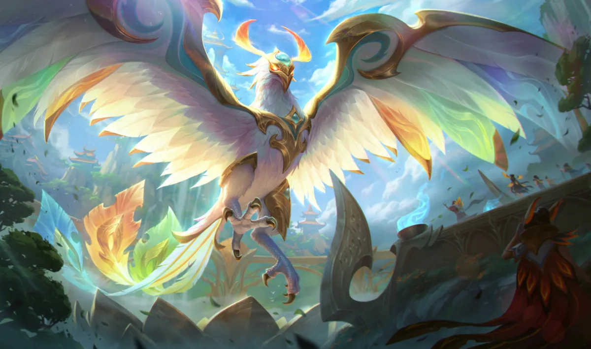Divine Phoenix Anivia flying above a temple crowd with pale feathers, gold trim, and a long flowing tail