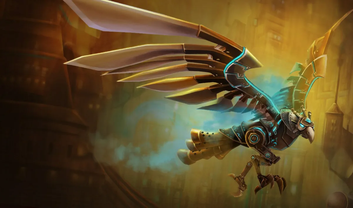 Hextech Anivia flying with segmented brass wings, glowing cyan seams, and smoking pipes