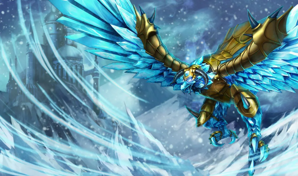 Noxus Hunter Anivia spreading blue ice wings edged with gold armor above a snowy fortress