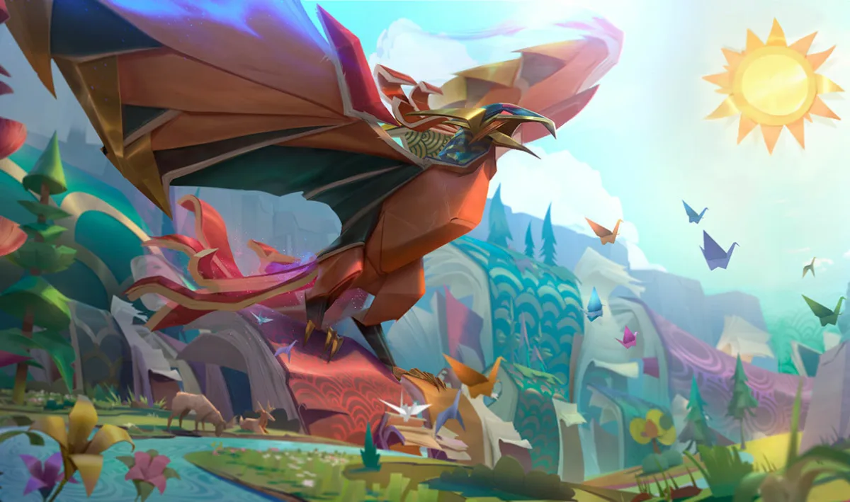 Papercraft Anivia spreading folded pink, orange, and blue wings above a paper landscape