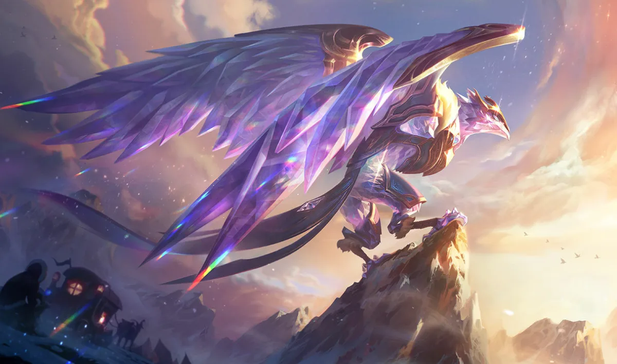 Victorious Anivia perched on a mountain in gold-framed blue and violet crystal armor