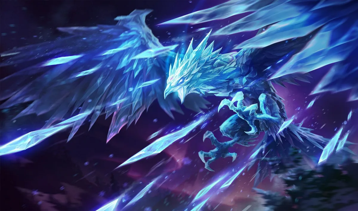 Base Anivia flying through long blue ice shards against a violet sky