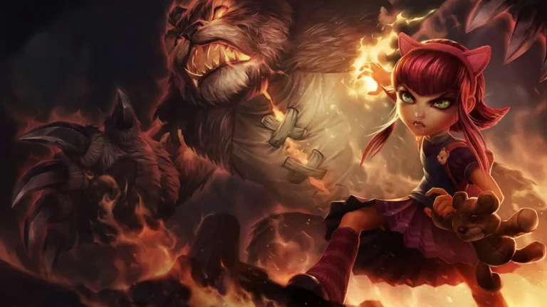 Base Annie holding a teddy bear in front of a roaring Tibbers amid orange flames