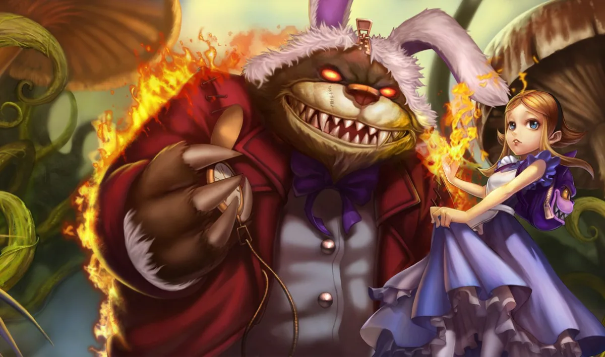 Annie in Wonderland wearing a blue storybook dress beside Tibbers in a red coat and rabbit-eared hood