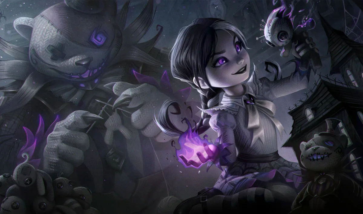 Fright Night Annie holding purple fire and a small stitched toy while a huge button-eyed Tibbers looms behind her