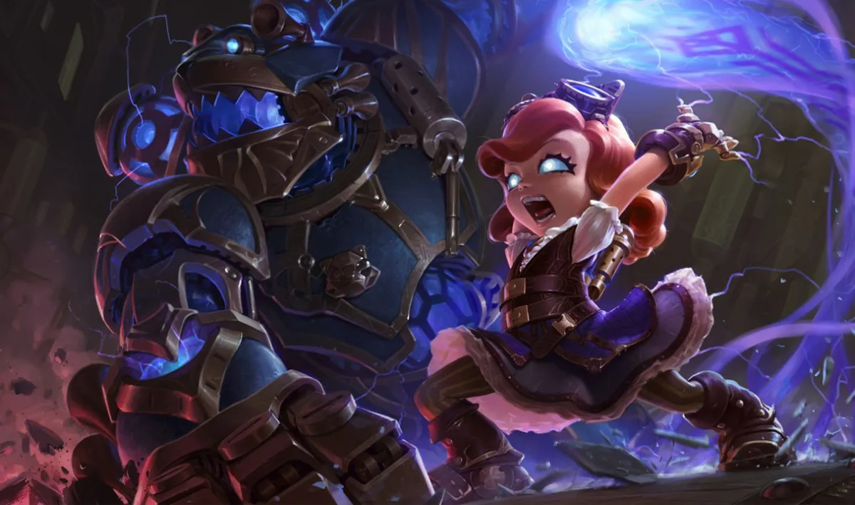 Hextech Annie raising blue energy beside a brass mechanical Tibbers with exposed joints and glowing teeth