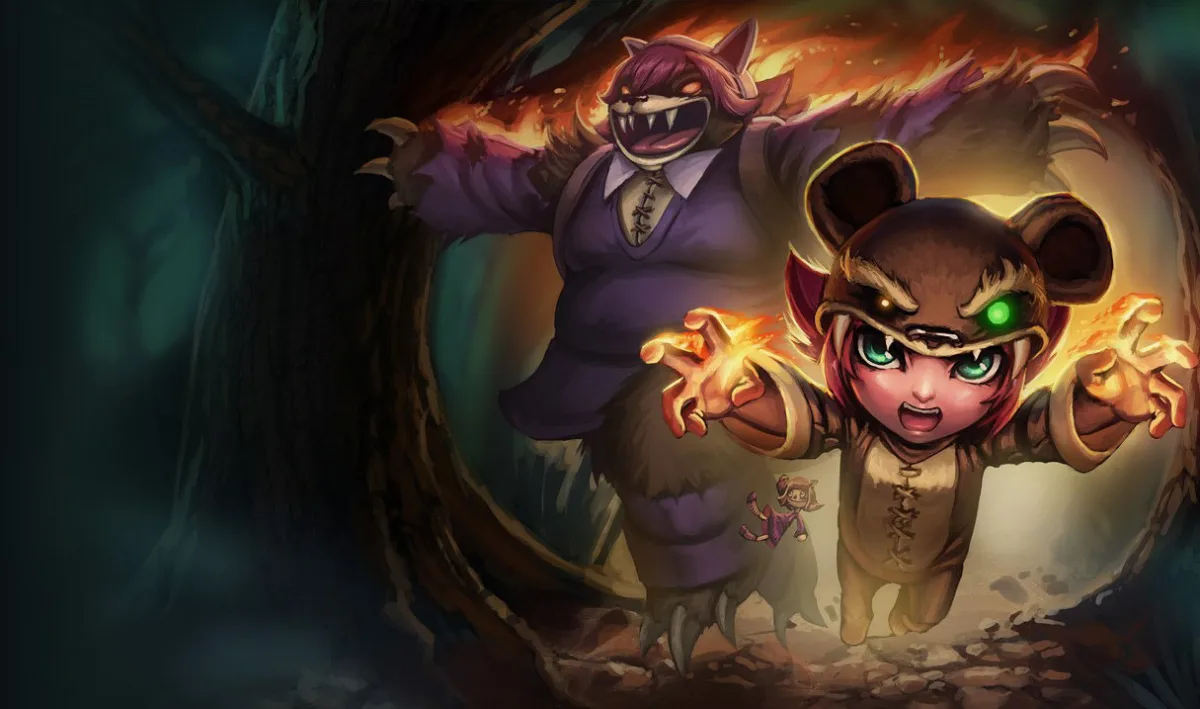 Reverse Annie wearing a brown bear suit while Tibbers wears Annie's purple dress and red-haired headpiece