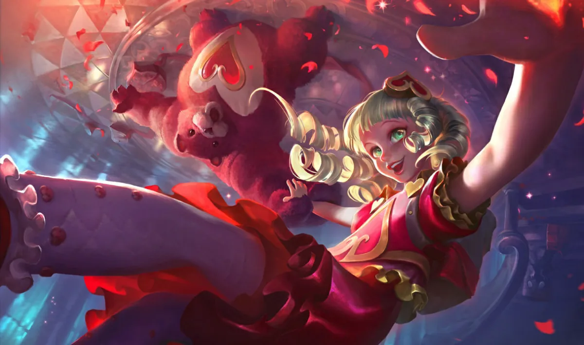 Sweetheart Annie smiling in a red-and-pink heart-decorated outfit with curled hair and a pink Tibbers