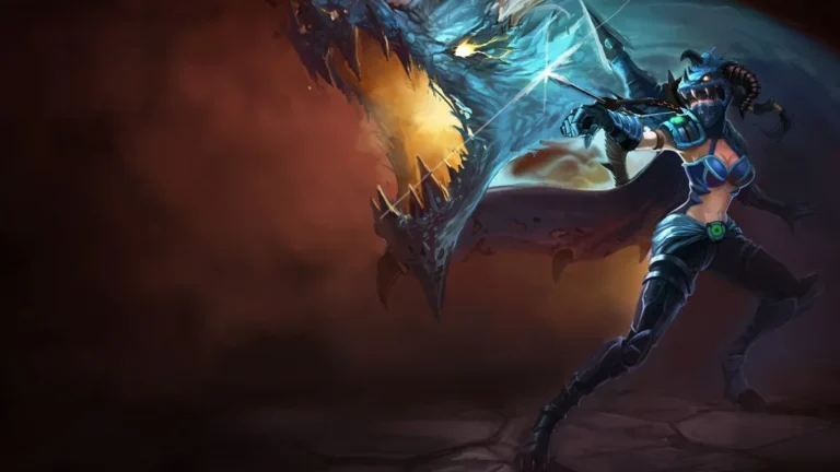 Dragonslayer Vayne in blue armor aiming a wrist crossbow beside a blue dragon with an open mouth