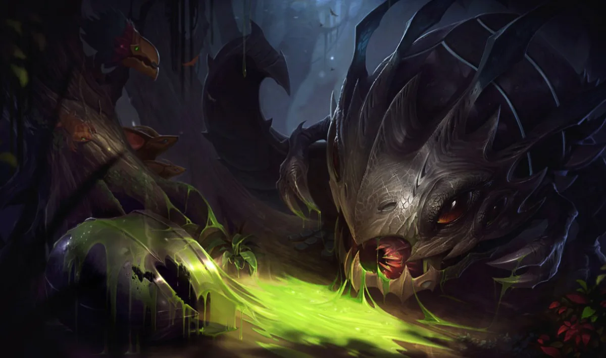 Kog'Maw pouring bright green acid across the ground beneath a spiked armored head