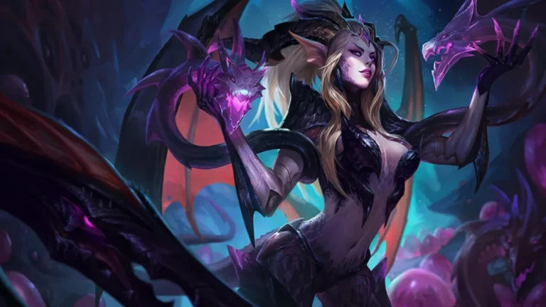 Dragon Sorceress Zyra raises her arms between purple dragon heads, with pale hair, horns and dark scales