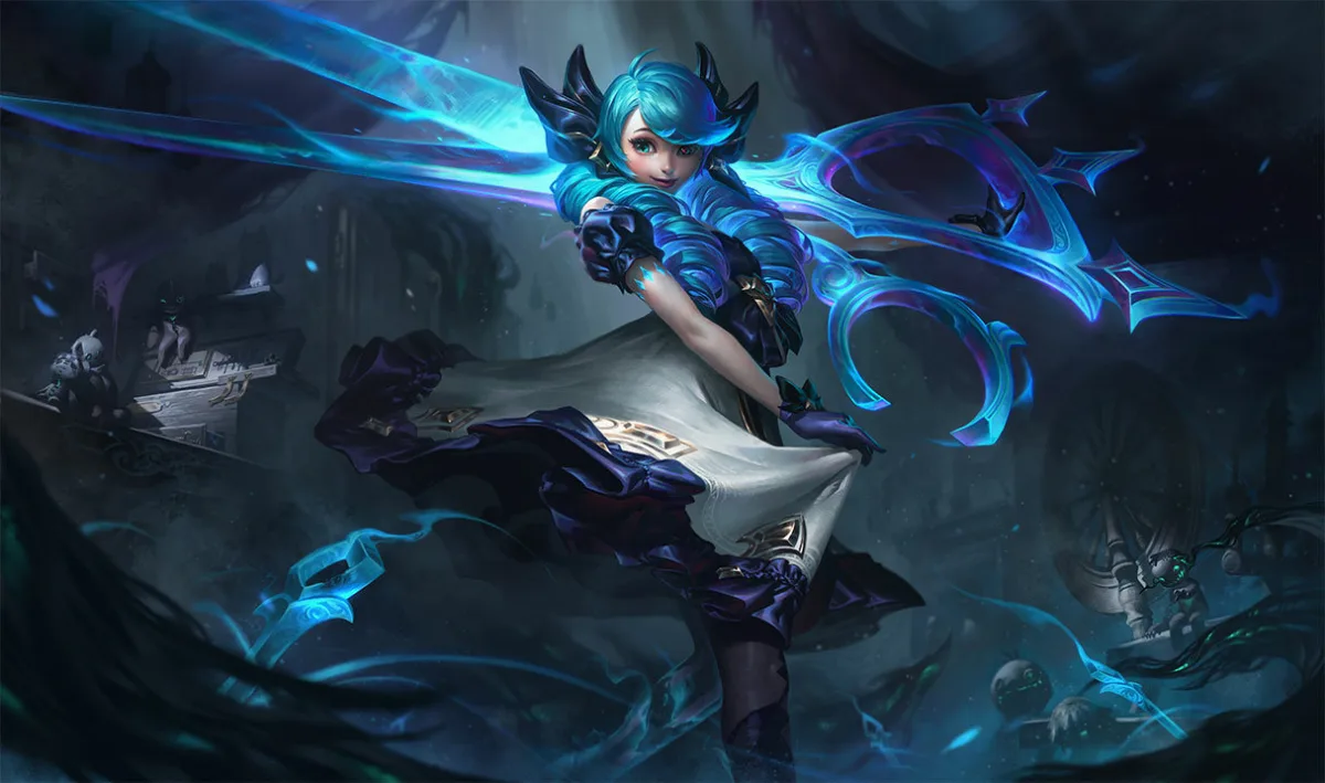 Gwen holds huge glowing blue scissors behind her shoulders in a dark room.