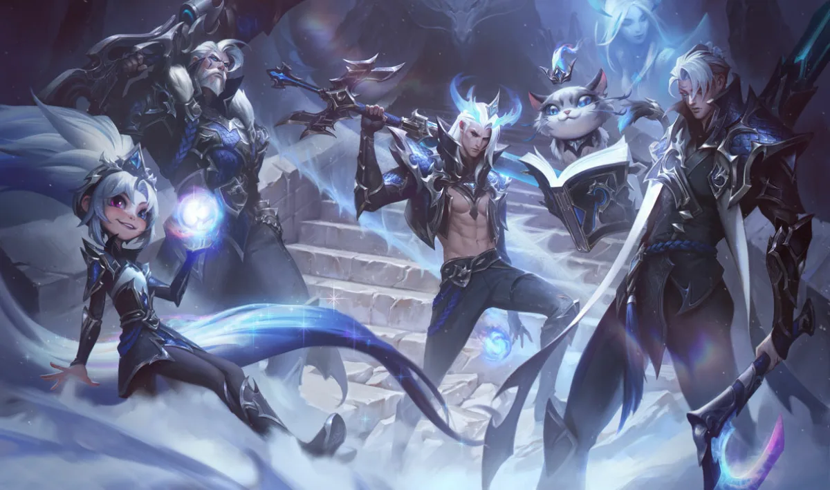 EDG Aphelios standing with the 2021 world champion team