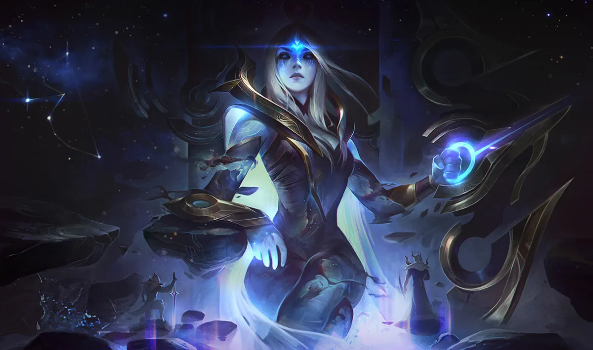 Cosmic Queen Ashe splash art with a violet-armored archer drawing a star-filled bow