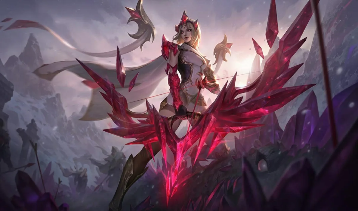 Crystalis Motus Ashe splash art with the archer in ruby and crimson crystal armor