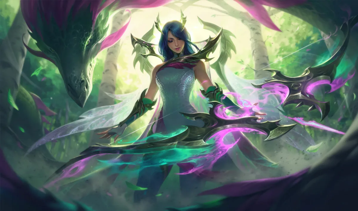 Fae Dragon Ashe splash art with the archer in green and violet robes beside luminous winged dragons