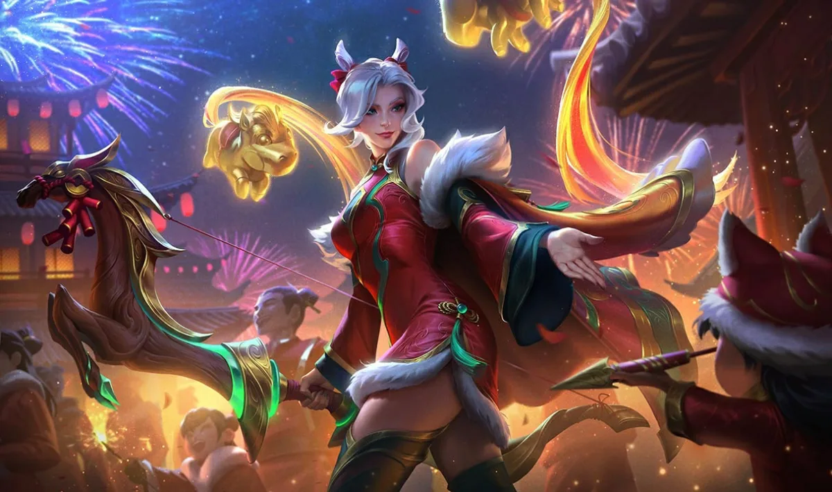 Firecracker Ashe splash art with the archer in red festival clothing amid gold fireworks