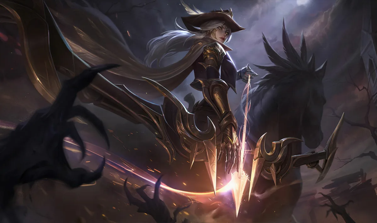 High Noon Ashe splash art showing the archer in a black hat with a flaming mechanical bow