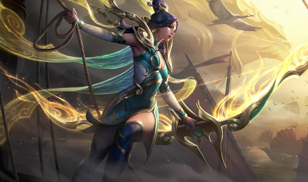 Lunar Empress Ashe in teal, ivory, and gold while standing on ship rigging among golden spirit shapes