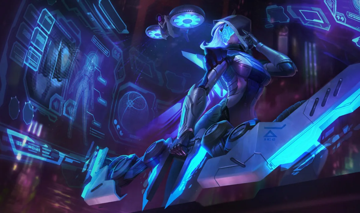 PROJECT Ashe splash art with the archer in white cybernetic armor amid blue digital light