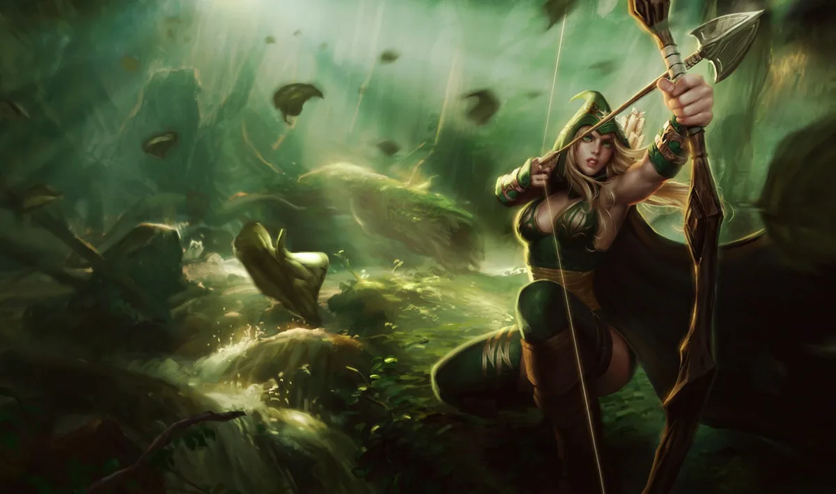 Sherwood Forest Ashe splash art with the archer in green leather drawing a wooden bow