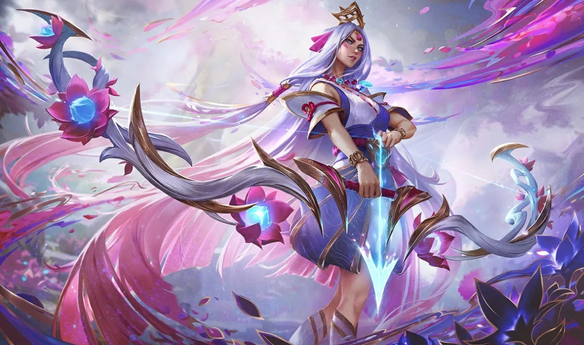 Spirit Blossom Ashe splash art with the archer in flowing white robes surrounded by pink spirits