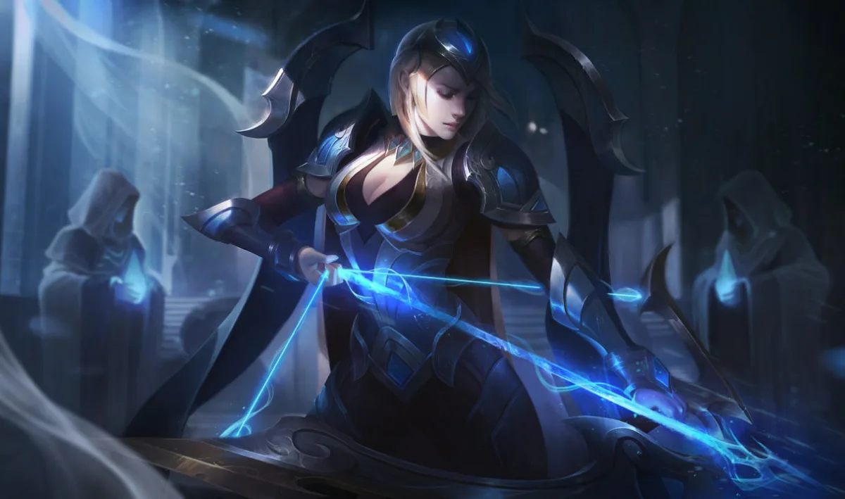 Worlds 2017 Ashe splash art with the archer in blue and gold armor beneath a championship crest