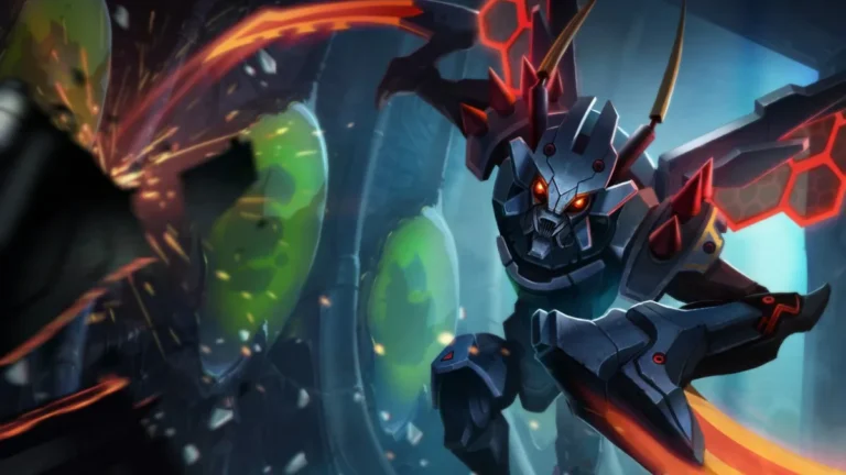 Mecha Kha'Zix spreads red-edged metal wings and orange blades inside an industrial chamber.