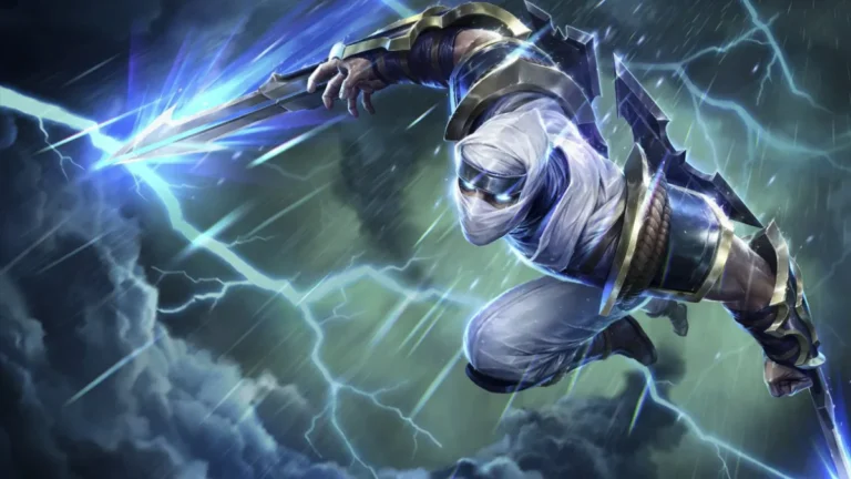 Shockblade Zed in white wraps and dark armor lunges through rain with blue lightning along his blades.