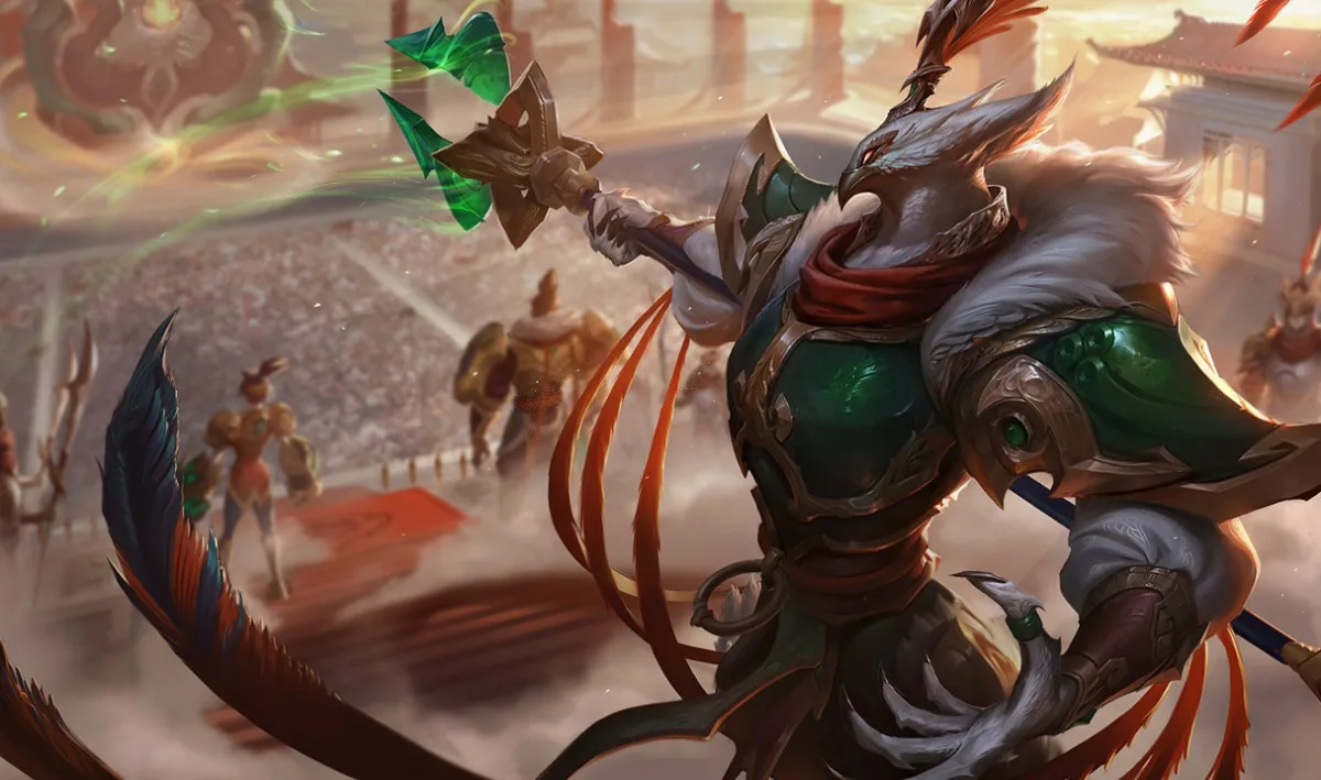 Warring Kingdoms Azir leading spectral soldiers across a mountain battlefield