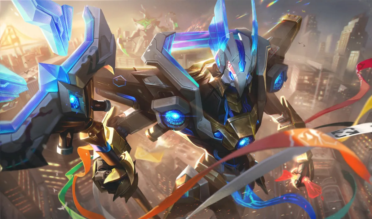 Worlds 2022 Azir commanding a blue crystal army in a stadium
