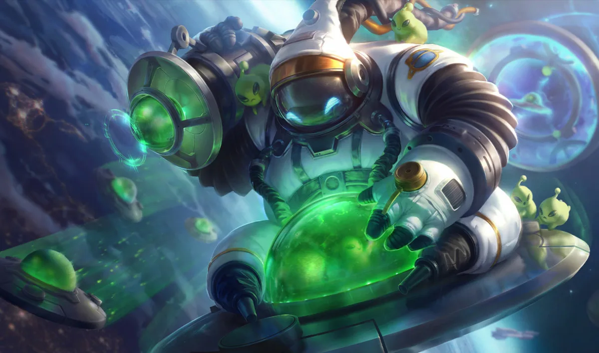 Astronaut Bard reaching toward glowing green alien meeps in space