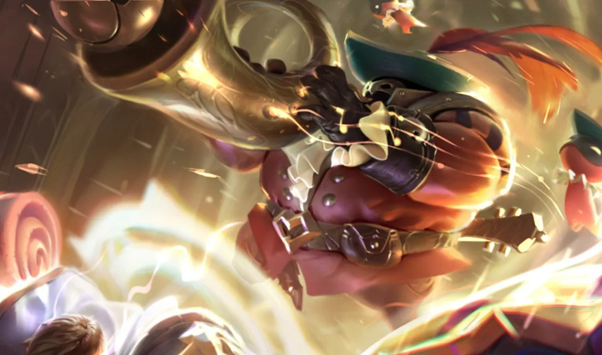Bard Bard playing a horn as musical magic swirls around him