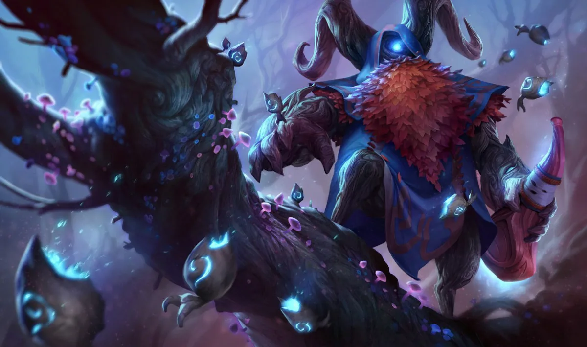 Elderwood Bard standing beneath twisted trees with blue forest spirits